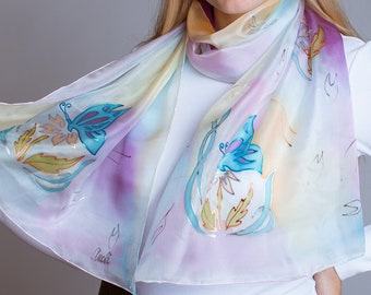 Ręcznie malowany szal jedwabny – motylkowy kwiatowy batik, kolory wiosny i lata