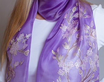 Purple Sakura painted Silk Scarf | Batik scarf, flowers silk scarf, Anoli Design Hand Painted Silk Scarf