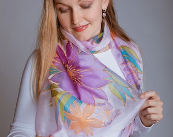 Hand Painted Summer Silk Scarf | Bright Flowers Women Silk Scarf | Unique gift for her