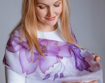 Anoli Design Hand Painted Silk Scarf Women | Purple Peony Handpainted Silk Scarf | Batik scarf