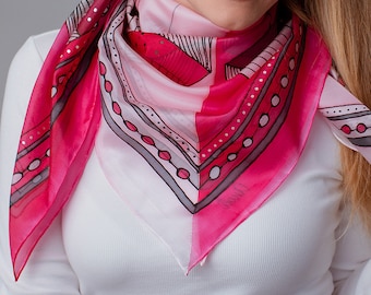 Pink Abstraction Hand Painted Silk Shawl, Square silk scarf, Luxury silk scarf, silk head scarf