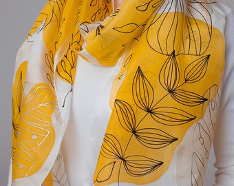 Yellow Abstraction Hand Painted Silk Scarf, Luxury silk scarf, women silk scarf