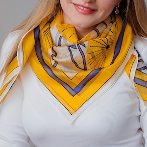 Blauw/Gele Abstractie Hand Geschilderde Zijden Sjaal, Vierkante zijden sjaal, Luxe zijden sjaal, zijden hoofddoek