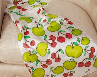 Silk Sfawl, Silk Scarf Hand Painted, Apple And Cherry Handpainted Silk Scarf, Gift to her