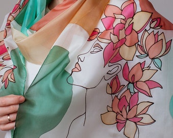 Beauty Hand Painted Silk Scarf, Flowers silk scarf, women silk scarf