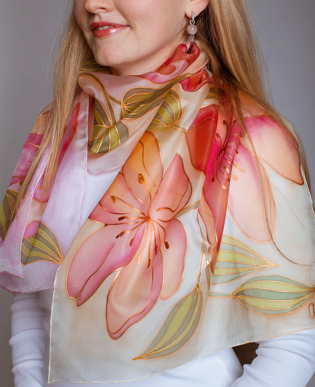 Hand Painted Silk Scarf, Floral Batik Shawl, Women's Ponge Scarf - Etsy