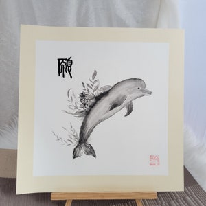 Pittura a inchiostro cinese, zen, delfino, desiderio, originale dipinto a mano, arti della tradizione cinese, regalo, collezione