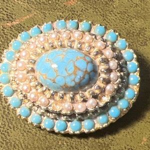 Good sized metal and Peking glass faux pearl brooch