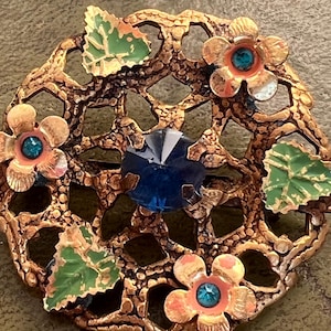 stunning Czech metal enamel and glass brooch