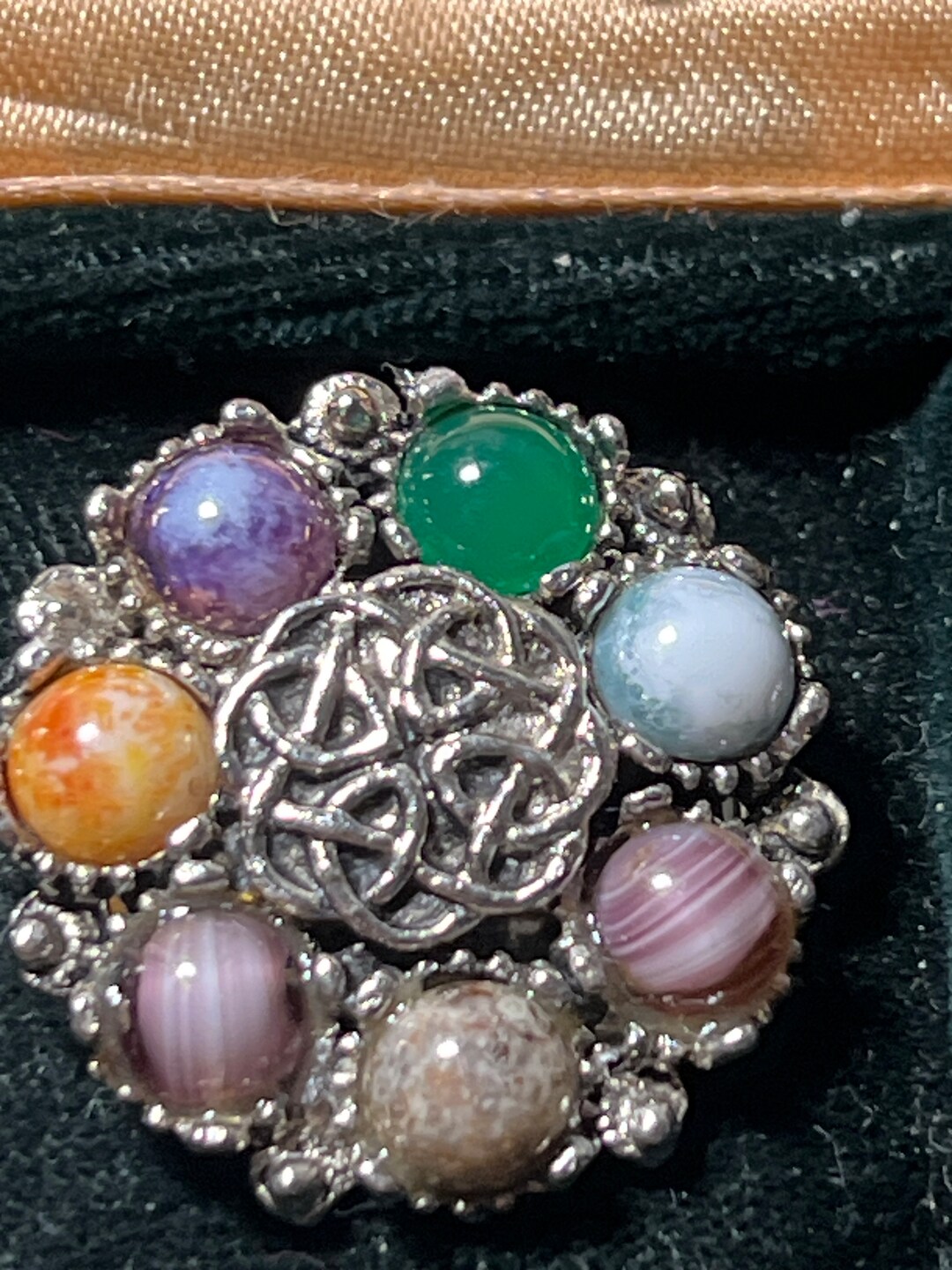Broche Ancienne En Agate Faite Main - Multicolore - Pierre Naturelle