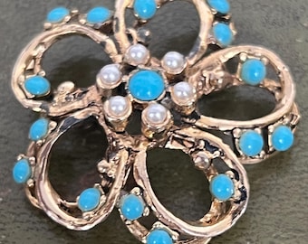 Broche Création Originale Avec Perles Turquoise Et Oxydes - Métal, Sans Marque, Occasion