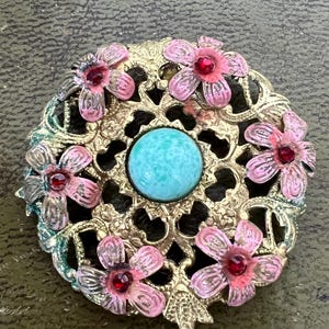 metal enamel and glass Czech brooch some wear