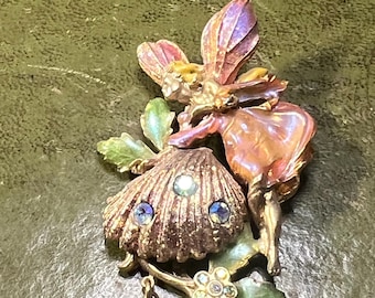 Broche Pendentif Kirks Folly - Fée Tropicale En Email Avec Cristaux Argent - Rare Et Neuf Avec étiquettes