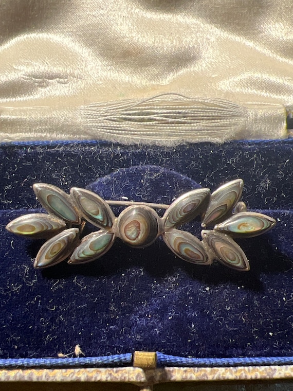 Art deco solid silver set abalone shell brooch - image 1