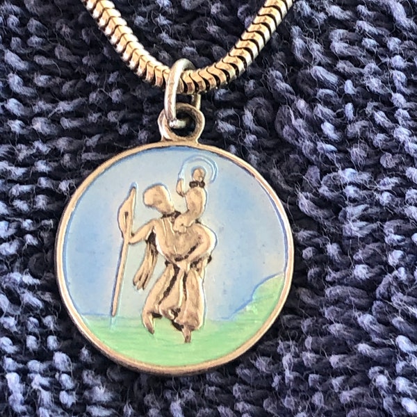 Beautiful 1960/70 enamelled st Christopher on thick solid silver rope chain