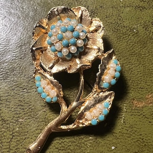 metal seed pearl and turquoise brooch