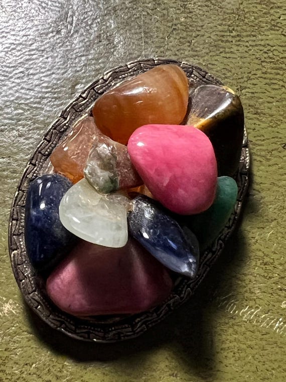 Vintage signed Miracle Brooch, Multi polished stones aged