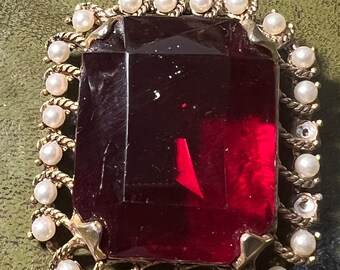 SOLD VI huge red glass and seed pearl brooch needs new pin