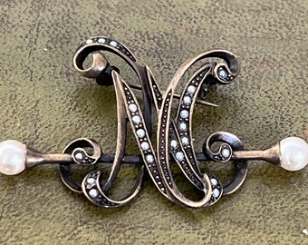 SOLD MEG metal faux pearl and paste initial m brooch