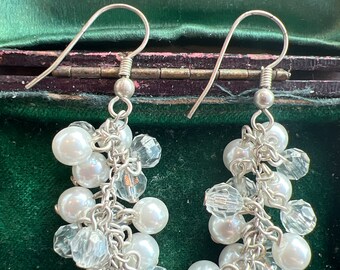 Metal crystal and faux pearl earrings