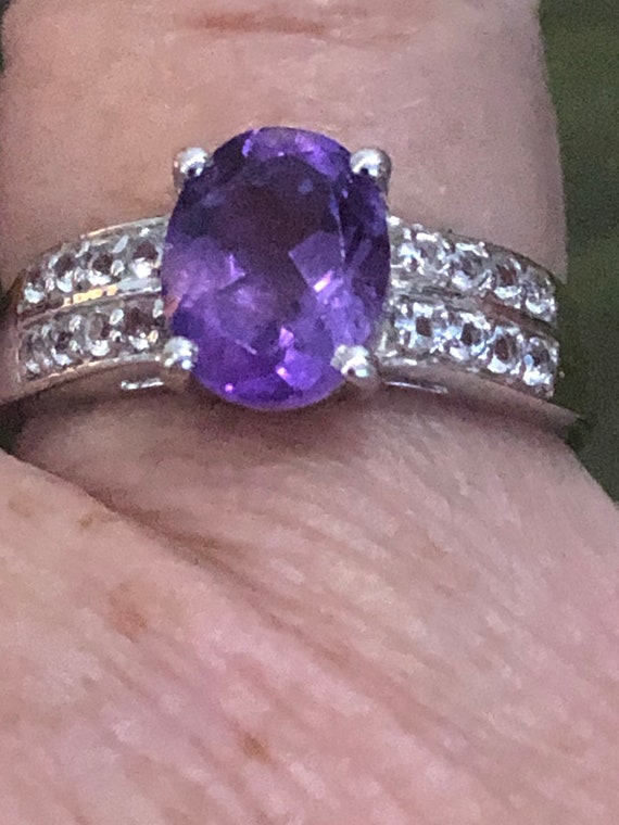 Solid silver amethyst and cz stone ring size p - image 2