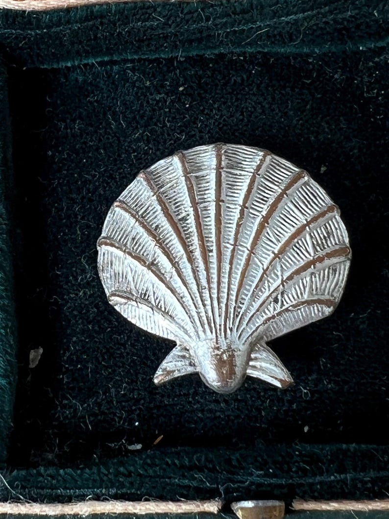 May include: A silver-toned metal brooch shaped like a scallop shell. The surface features raised, radiating ridges with a textured, weathered finish in the recessed areas, creating a distinct contrast against the polished metallic highlights of the shell.