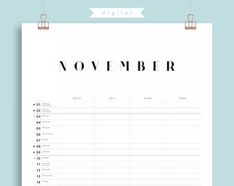 May include: A printable November calendar with four columns labeled "Mama", "Adil", "Muna", and "Anas". The calendar is designed for digital use and is labeled "No. 01".