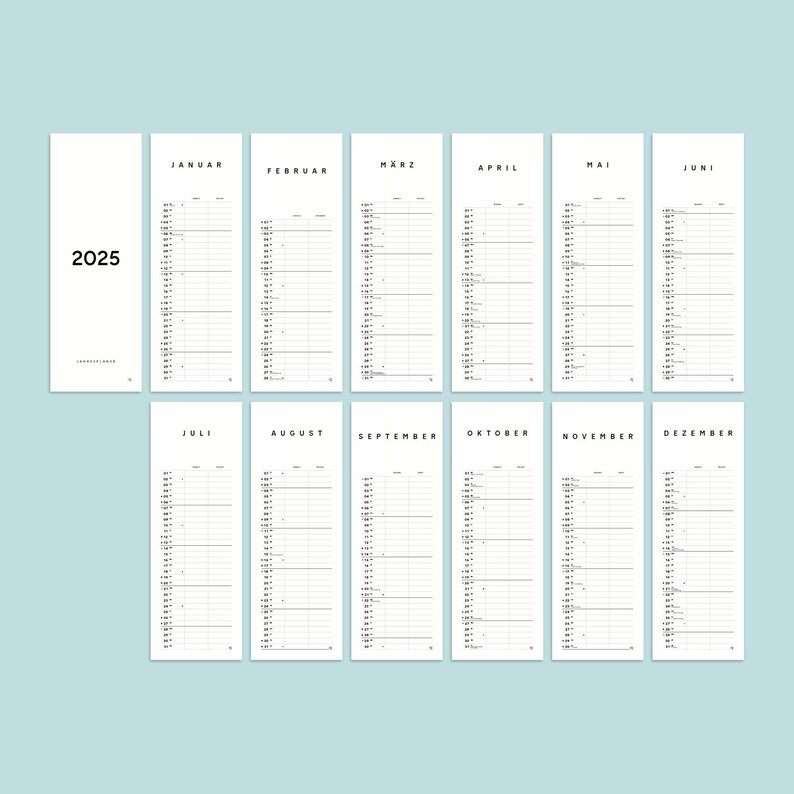 以下が含まれることがあります： 2025年の白黒印刷可能なカレンダー。各月は別々のページにあり、番号付きの日を含むグリッドがあります。カレンダーは、簡単な計画と整理のために設計されています。