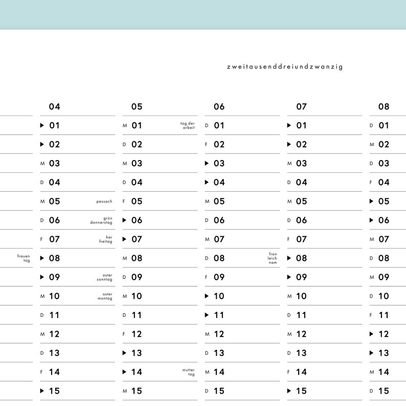 Jahres-Übersicht Nr. 01 / A3 oder A2 Jahresplaner / mit oder ohne Feiertage / Naturpapier Bild 6