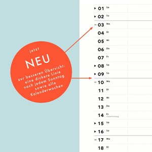 以下が含まれることがあります： 「NEU」という白い文字が書かれた赤い円と、より小さな白い文字で「zur besseren &Uuml;bersicht: eine dickere Linie nach jedem Sonntag sowie alle Kalenderwochen」と書かれている。矢印は、ドイツ語で曜日がラベル付けされたカレンダーを指している。