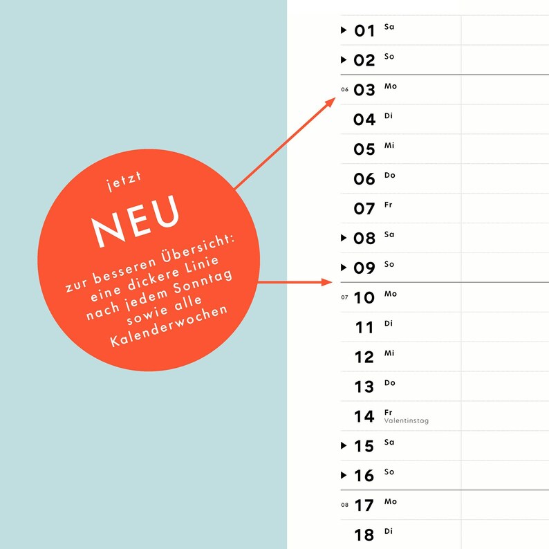 以下が含まれることがあります： 「NEU」という白い文字が書かれた赤い円と、より小さな白い文字で「zur besseren &Uuml;bersicht: eine dickere Linie nach jedem Sonntag sowie alle Kalenderwochen」と書かれている。矢印は、ドイツ語で曜日がラベル付けされたカレンダーを指している。