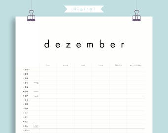 May include: A printable December calendar in black and white with a grid layout. The calendar is labeled "dezember" and has columns for "lise", "mono", "jua", "alma", "familie", and "geburtstage".