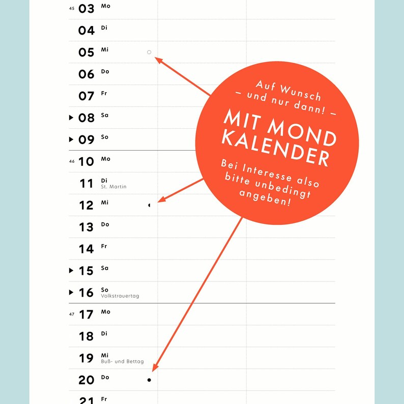 以下が含まれることがあります： 「Auf Wunsch - und nur dann! - MIT MOND KALENDER Bei Interesse also bitte unbedingt angeben!」と書かれた白いテキストの赤い円。円は、数字と曜日が書かれた白いグリッドで囲まれています。