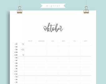 May include: A printable October calendar with a simple design. The calendar is divided into seven columns, one for each day of the week, and has space for writing in appointments or events. The calendar is labeled with the names of the days of the week in German.