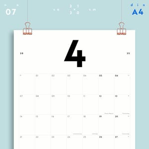 Peut inclure: Un calendrier blanc avec le numéro 4 imprimé en noir dans le coin supérieur gauche. Le calendrier est divisé en 31 cases, chacune avec un numéro de 1 à 31. Le calendrier est conçu pour le mois d'avril.
