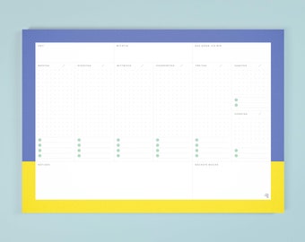 May include: A weekly planner with a blue and yellow color scheme. The planner has sections for Monday through Sunday, with space for notes and a section for "Das gönn ich mir".