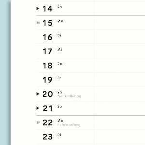 以下が含まれることがあります： ドイツ語で曜日が略されたカレンダー。日付は14日から23日まで。日付20の隣には「Weltkindertag」、日付22の隣には「Herbstanfang」というテキストがあります。