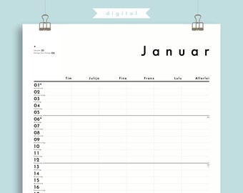 May include: A black and white printable January calendar with the names Tim, Julija, Fine, Franz, Lulu, and Allerlei at the top of each column. The calendar is labeled "Januar" and is designed for digital use.