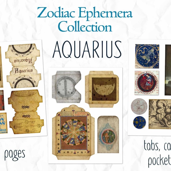 Zodiac, Astrology Book of Shadows Junk Journal kit - Aquarius - Printable Junk Journal Ephemera: Pockets, Horoscope Tabs and Cards