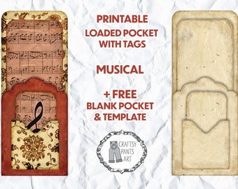 2 Printable Junk Journal Loaded Pocket Tags, Loaded Envelope, Ephemera - Musical design and blank for your own decorations + template