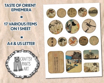 TASTE of ORIENT: 17 Printable Junk Journal ephemera on 1 sheet. Two page formats - A4 and US Letter