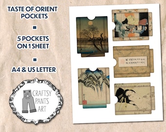 TASTE of ORIENT: 5 Printable Junk Journal (or Faith/Gratitude journal) pockets for tags on 1 sheet. Two page formats - A4 and US Letter