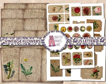 VINTAGE FLOWERS: 12 sheets - Massive Printable Junk Journal digital kit with double pages, tags, pockets, cards and various ephemera.
