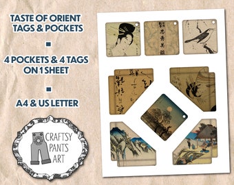 TASTE of ORIENT: Printable Junk Journal pockets with matching tags on 1 sheet. Two page formats - A4 and US Letter