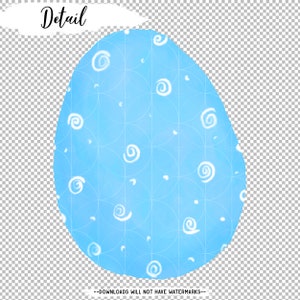 May include: A light blue Easter egg with a white swirl pattern. The egg is decorated with a repeating pattern of white swirls on a light blue background.