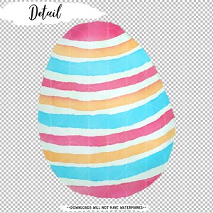 May include: A watercolor illustration of a striped Easter egg in shades of pink, blue, and yellow.