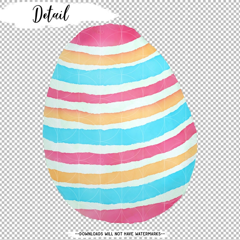 May include: A watercolor illustration of a striped Easter egg in shades of pink, blue, and yellow.