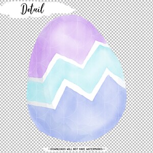 May include: A watercolor Easter egg with a purple, blue, and white zig-zag pattern.