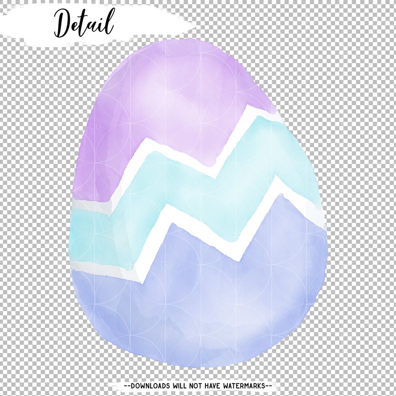 May include: A watercolor Easter egg with a purple, blue, and white zig-zag pattern.