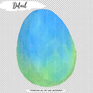 May include: A blue and green watercolor egg with a white circle pattern. The egg is a digital illustration.
